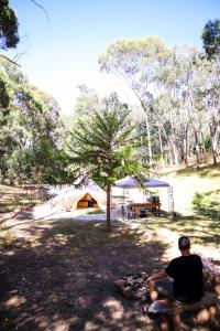 a man sitting on a bench in front of a tent at Golden Point Glamping in Faraday