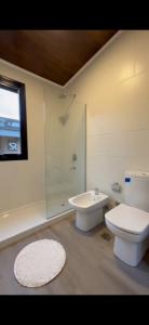 a bathroom with a toilet and a shower and a sink at La Canaria Casa de Campo in Colonia Caroya +18 photos