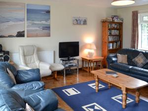a living room with a couch and a tv at Tregoona in Crantock