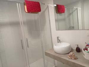 a bathroom with a glass shower and a sink at CUATRO CAMINOS in Zamora
