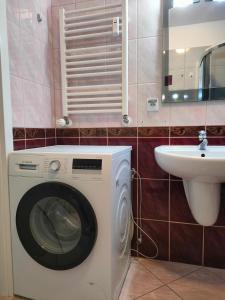 a washing machine in a bathroom with a sink at Apartament Klonowa in Kołobrzeg