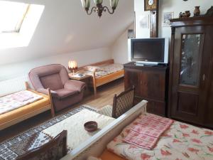 uma sala de estar com duas camas e uma televisão em Chalupa, 3x apartmány, 11 lůžek. em Sedlec