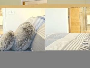 two pictures of a bed with a pair of furry pillows at The Cart Linhay in Meshaw