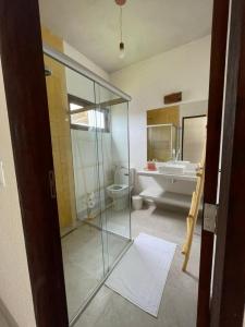 a bathroom with a shower and a toilet and a sink at Carrapicho Patacho com Piscina Privativa in Pôrto de Pedras