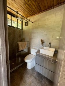 een badkamer met een toilet, een wastafel en een douche bij Vaikuntha House 