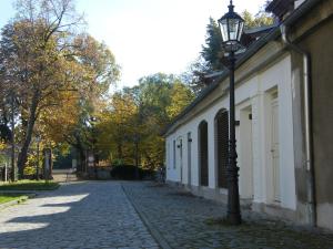 eine Straßenbeleuchtung an der Seite eines Gebäudes in der Unterkunft Apartmenthotel "Gärtnerhaus Schloss Reinharz" in Bad Schmiedeberg