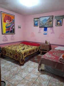 1 dormitorio con 2 camas en una habitación con paredes rosas en Una Noche Con Mical, en San Pedro La Laguna