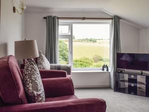 a living room with a couch and a tv and a window at Meadow View in Tregoney