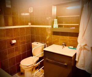 Łazienka w obiekcie Résidence CAENEE, le dépaysement Naturiste en été avec l'atypique studio climatisé "vintage" en sous pente, sa "paillote" avec jacuzzi, entouré de verdure, planchagrill, transats, vélos gratuits, wifi 5G, Travel Proud LGBTQI, chiens admis