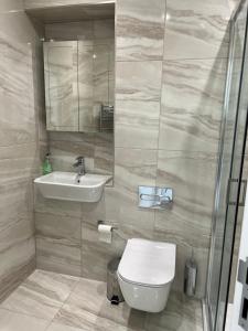 uma casa de banho com um WC, um lavatório e um chuveiro em Royal View em Ramsgate