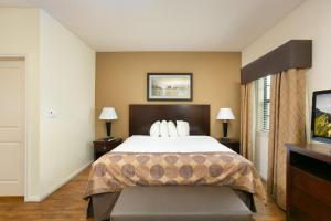 um quarto de hotel com uma cama e uma televisão em The Lodge At Kenedy em Kenedy