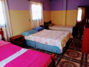 two beds in a room with purple and yellow walls at Casa Samachiy in Humahuaca