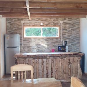 a kitchen with a counter and a refrigerator at Refugio Hualaihue in Hornopiren