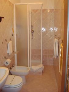 ein Bad mit einer Dusche, einem WC und einem Waschbecken in der Unterkunft Albergo La Sfinge in Chiusi