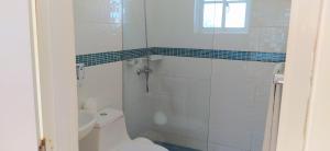 a white bathroom with a toilet and a shower at CortLang - Beach Apartments - in El Pueblito near Playa Dorada in San Felipe de Puerto Plata