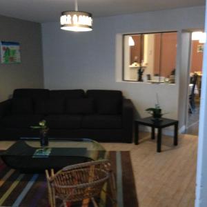 a living room with a black couch and a table at Appartements d'hôtes Santa Giulia in Niort