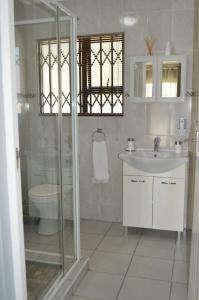 a bathroom with a shower and a sink and a toilet at Sindy's Chalets in Margate