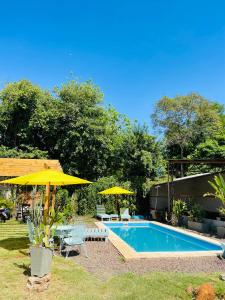 una piscina con 2 sombrillas y sillas en Duplex en Cataratas del Iguazú piscina compartida con aparts en Puerto Iguazú