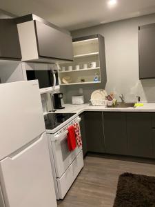 a kitchen with a white stove top oven next to a sink at 1 Bedroom Modern Secondary Suite in Saskatoon