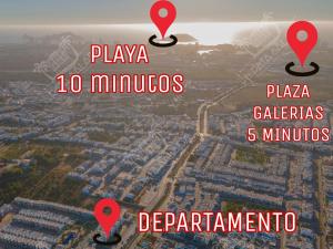 eine Luftansicht einer Stadt mit einer Karte in der Unterkunft Planta Baja, a 10 minutos de la playa, Gran alberca y Mini Golf!! in Mazatlán