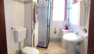 ein Bad mit einem WC, einem Waschbecken und einer Dusche in der Unterkunft Top Suit Centro - Guest house in Brugherio