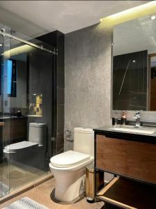 y baño con aseo, ducha y lavamanos. en BUSINESS SUITES MINE, en Ciudad de México