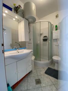 y baño con lavabo, ducha y aseo. en Apartments Jak - comfortable apartments, en Mirce