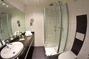 ein Badezimmer mit Dusche, Waschbecken und Toilette in der Unterkunft Hotel Eyberg in Dahn