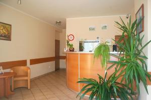 a waiting room with a counter and a plant at U Joanny in Piaseczno