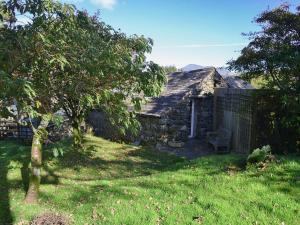 una antigua casa de campo de piedra con un árbol en el patio en Birkerthwaite Barn-w41478 en Eskdale