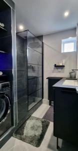 a bathroom with a glass shower and a sink at Le Perchoir, High-end & Panoramic View in Troyes