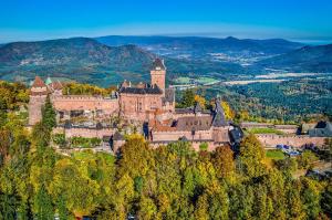 un vieux château au sommet d'une colline dans l'établissement Aux 67 nuances - Spa, à Châtenois