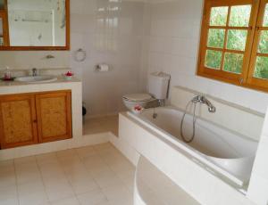 a bathroom with a tub and a toilet and a sink at Mimpi Manis Air Sanih in Kubutambahan