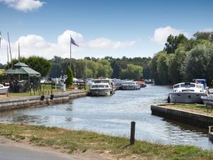 a group of boats are docked in a river at Riverside in Stalham