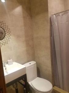 La salle de bains est pourvue de toilettes blanches et d'un lavabo. dans l'établissement Khatuna’s apartment in villa monte, à Bakuriani