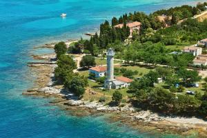 an island with a lighthouse in the middle of the water at Elia Apartments in Savudrija