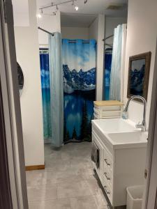 a bathroom with a sink and a shower curtain at AUBERGE et BISTRO NAMASTÉ in Lachute