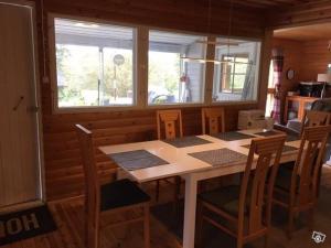 a kitchen with a table and chairs in a cabin at Lohja cottage in Lohja