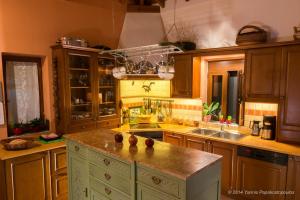 cocina con armarios de madera y encimera en Elise Cottage, en Vathí