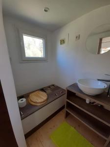 a bathroom with a sink and a counter with a mirror at Tiny des Rêves in Beulotte-Saint-Laurent