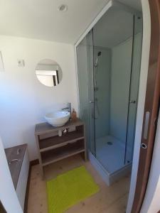 uma casa de banho com um lavatório e uma cabina de duche em vidro. em Tiny des Rêves em Beulotte-Saint-Laurent