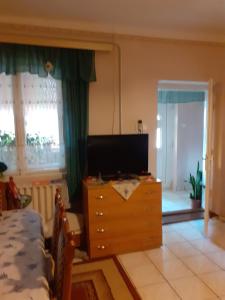 a living room with a tv and a dresser with a dresser at Karkusz Apartman in Abádszalók