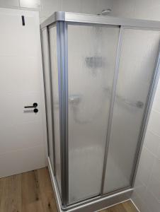 La salle de bains est pourvue d'une douche avec une porte en verre. dans l'établissement Dünengras, à Horumersiel