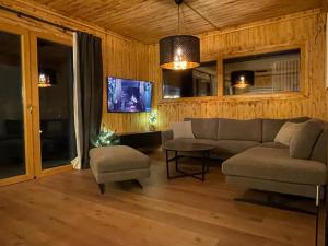 a living room with a couch and a tv at Hillside Chalet Kreischberg in Sankt Lorenzen ob Murau