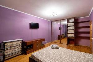 een slaapkamer met paarse muren en een bed en een spiegel bij Kvartirkoff na Levka Lukyanenko 3v in Kiev