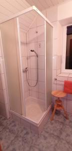 y baño con ducha y puerta de cristal. en APARTMENT CHALET -BOHINJ- Pokljuka- Triglav National Park, en Koprivnik v Bohinju