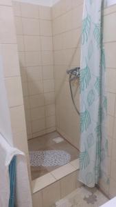 y baño con ducha y cortina de ducha. en Kapitula centrum, en Banská Bystrica