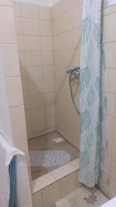 une douche avec un rideau de douche dans une salle de bain dans l'établissement Kapitula centrum, à Banská Bystrica 4 autres photos