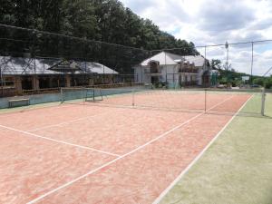 einen Tennisplatz mit einem Tennisnetz darauf in der Unterkunft Mery Ján in Podhájska