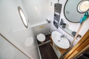 een kleine badkamer met een wastafel en een spiegel bij Rezidence Malše - Unikátní apartmány na vodě in České Budějovice
